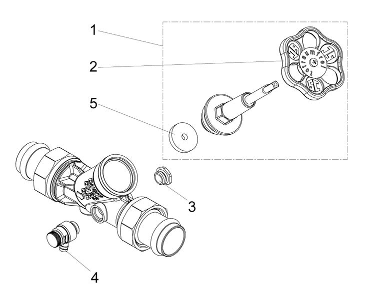 Technische Zeichnung einer Ventilbaugruppe mit nummerierten Komponenten für die Montage oder zur Identifizierung von Ersatzteilen.