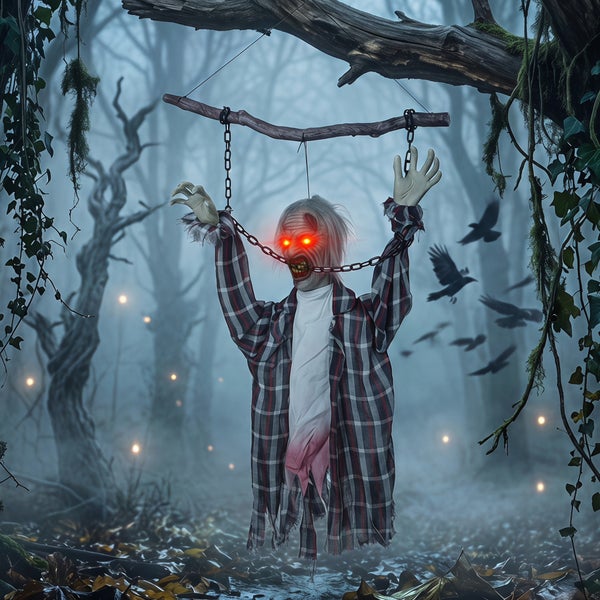 Animierte Halloween Hängedekoration Geist mit leuchtenden Augen in einer Waldszene.