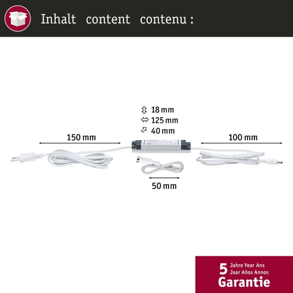 Lieferumfang eines LED Treibers mit Maßen: Netzkabel 150 Millimeter, Treiber 125 mal 40 mal 18 Millimeter und Anschlusskabel 100 und 50 Millimeter.