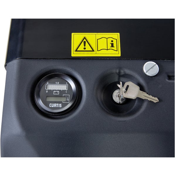 Detailansicht eines Geräts mit Curtis Logo, Warnsymbol und Schlüssel