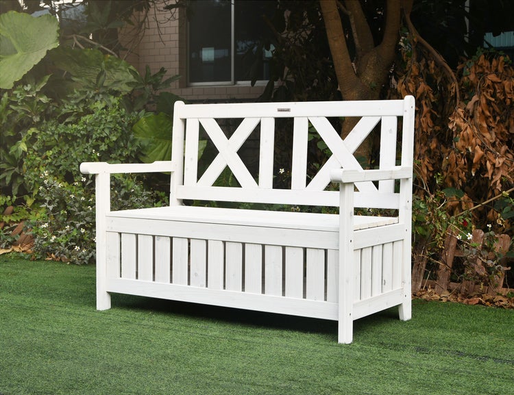 needs&wants® Gartenbank Holz wetterfest mit Stauraum und Abdeckung, 2-Sitzer Truhenbank Holzbank klassisch, Parkbank Sitzbank massiv Garten Outdoor mit Truhe, Naturholz Massivholz, weiß