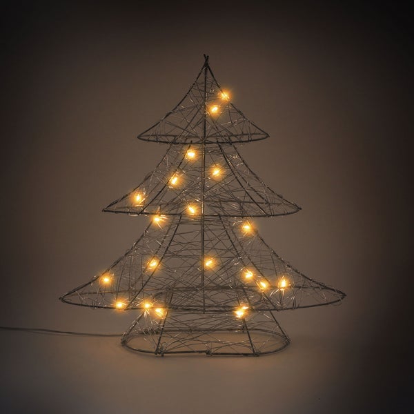 ECD Germany LED Deko Baum Weihnachten mit 20 warmweißen LEDs, 30 cm hoch, aus Metall, Silber, Weihnachtsbaum mit Beleuchtung & Timer, Innen, batteriebetrieben, Lichterbaum Tanne stehend Weihnachtsdeko