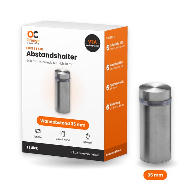 Edelstahl Abstandhalter 18 mm Durchmesser mit M10 Gewinde für Schilder Glas Acryl und Spiegel inklusive zwei Gummischeiben