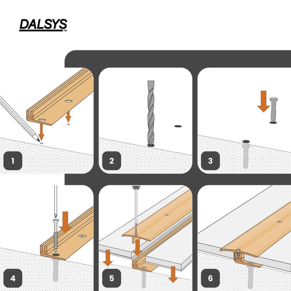 Dalsys Logo. Montageanleitung in sechs Schritten für ein Übergangsprofil durch Bohren, Dübeln und Verschrauben.