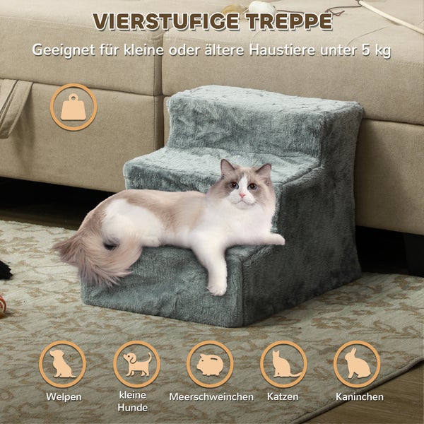 PawHut Hundetreppe 3-stufig, 35 cm Katzentreppe für Bett und Sofa, Haustiertreppe für Hunde und Katzen bis 5 kg, Plüschoptik, Hellgrau