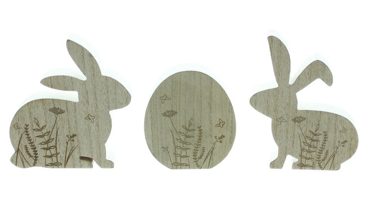 FRANK FLECHTWAREN | Osterdeko Hasen & Ei, 3er Set, MDF, 9,5 x 1,5 x 12 cm, 14 x 1,5 x 15 cm, 11,5 x 1,5 x 15,5 cm