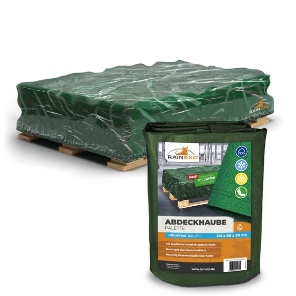 Rainexo Abdeckhaube für Paletten, Industrie-Qualität 120 Gramm pro Quadratmeter, 125 x 85 x 30 Zentimeter, reißfest und wetterbeständig.