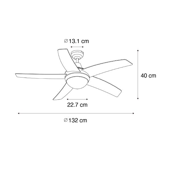 Technische Zeichnung Deckenventilator: Durchmesser 132 Zentimeter, Höhe 40 Zentimeter, Baldachin 13,1 Zentimeter, Leuchte 22,7 Zentimeter.
