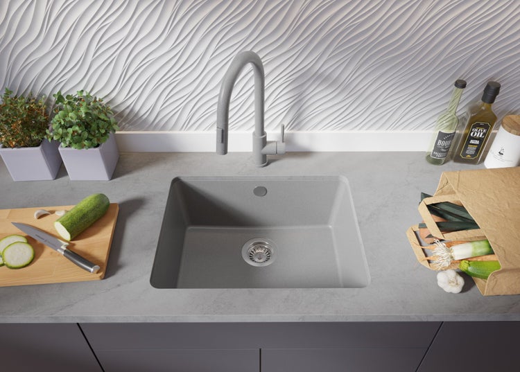PRIMAGRAN Unterbauspüle Granit Grau 56x44cm, Spülbecken 1 Becken + Ablauf-Set, Granitspüle ab 60er Unterschrank - Venedig Easy