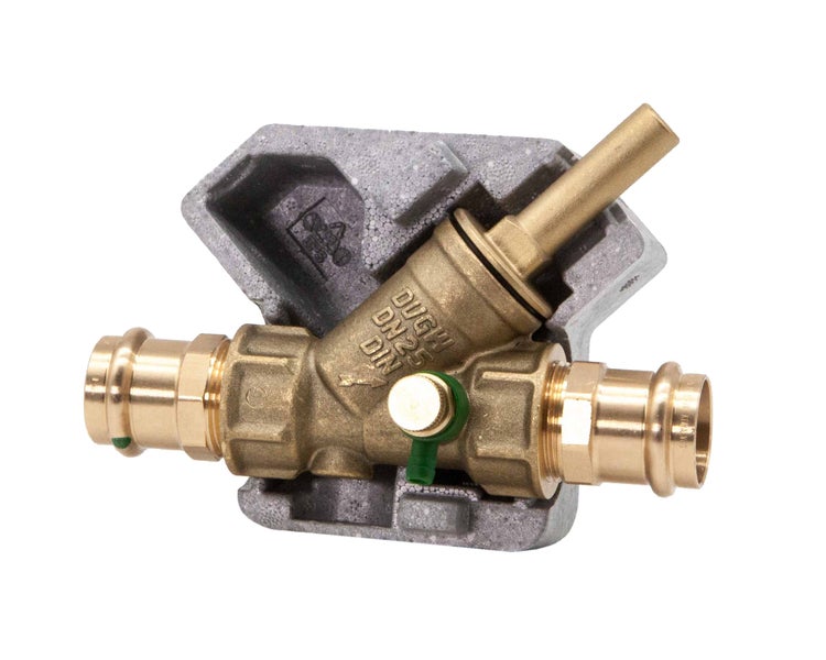 Schrägsitzventil aus Messing mit Pressanschlüssen Nenngröße 25 und grauer Isolierschale.