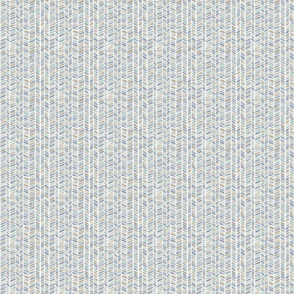 Vliestapete mit einem kleinteiligen, handgezeichneten Fischgrätmuster in Blau- und Beigetönen.