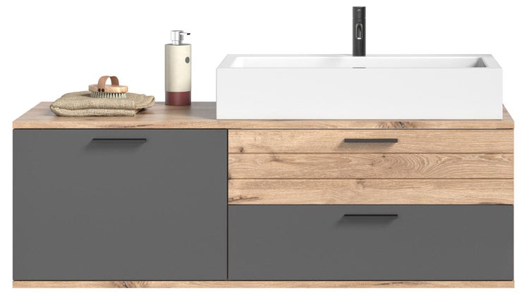 Mason Waschbeckenunterschrank 140cm 1 Tür, 2 Schubladen grau,Eiche dekor. 140 X 46 X 62 cm