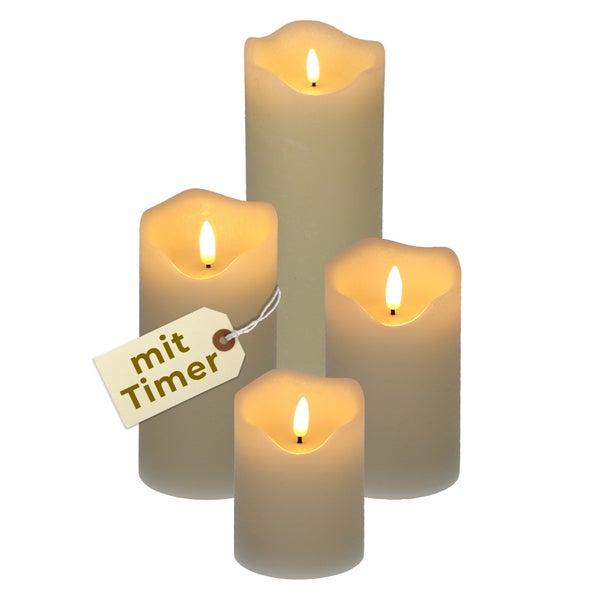 Vier LED-Stumpenkerzen in verschiedenen Höhen mit künstlicher Flamme und integrierter Timer-Funktion.