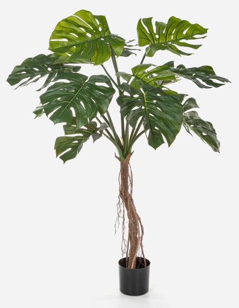 Künstliche Monstera Deliciosa Pflanze in schwarzem Topf mit naturgetreuen Blättern und einem Stamm mit Luftwurzeln.