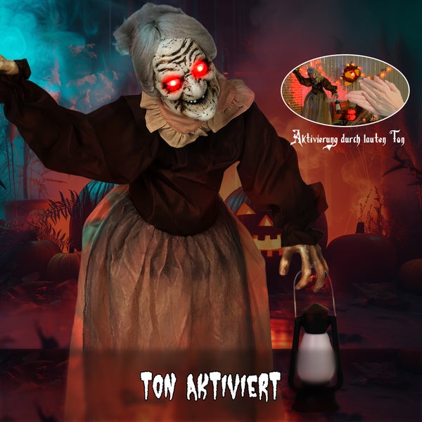 Animierte Halloween-Dekoration als gruselige Oma mit roter LED Beleuchtung und Laterne