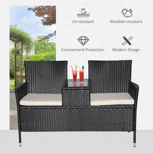 Outsunny Polyrattan Gartenbank, Gartensofa, 2-Sitzer, B133 x T63 x H84cm, Stahl, Schwarz