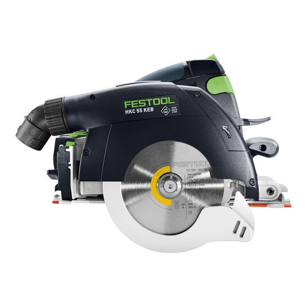 Festool Akku-Handkreissäge HKC 55 KEB mit Sägeblatt und Absaugstutzen für präzises Sägen.
