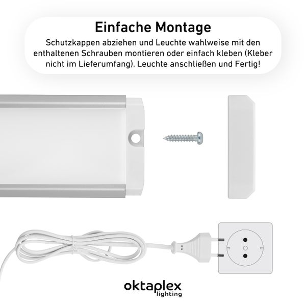Produkt zur einfachen Lichtmontage mit Schrauben, Abdeckung und Stecker
