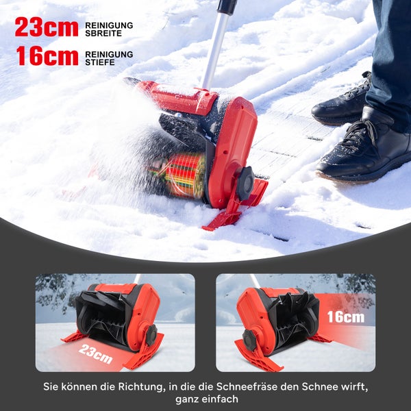Schneefräse mit einer Reinigungsbreite von 23 cm und einer Reinigungsstufe von 16 cm im Einsatz.