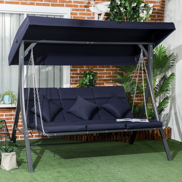 Outsunny Hollywoodschaukel 3-Sitzer, Schaukelbank mit Verstellbarem Sonnendach, Gartenschaukel mit Kissen, bis 270 kg Belastbar, Metall, Texteline, Dunkelblau, 198 x 118 x 168 cm