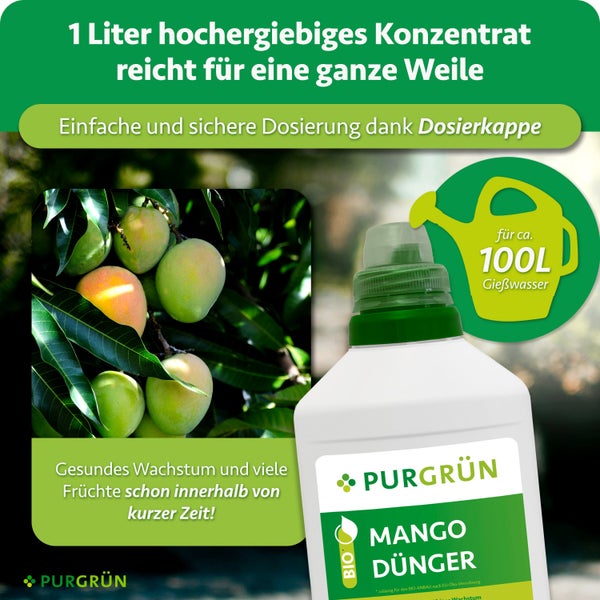 Eine Flasche PURGRÜN Mango Dünger Konzentrat mit Dosierkappe für einhundert Liter Gießwasser, geeignet für biologischen Anbau.