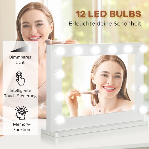 HOMCOM Hollywood Spiegel mit Beleuchtung, Schminkspiegel mit Touchschalter, Kosmetikspiegel mit 12 Dimmbare LED Lampen, 80 x 60 cm Make Up Spiegel mit Memoryfunktion, Weiß