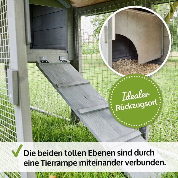 Innenansicht eines Kleintierstalls mit Holzrampe zwischen zwei Ebenen und einem geschützten Rückzugsort mit Einstreu.