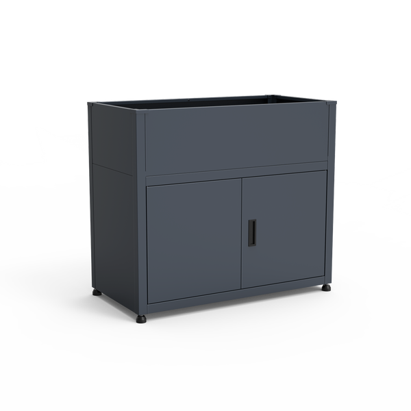 Außenküche-Modul Unterschrank aus Metall in Anthrazit mit zwei Türen und verstellbaren Füßen.