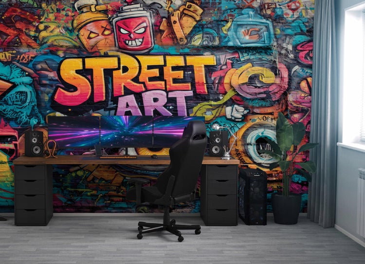 Gaming-Zimmer mit Schreibtisch, Gaming-Stuhl und Vliestapete im Street-Art-Design mit Graffiti-Motiven vor einer Ziegelwand.