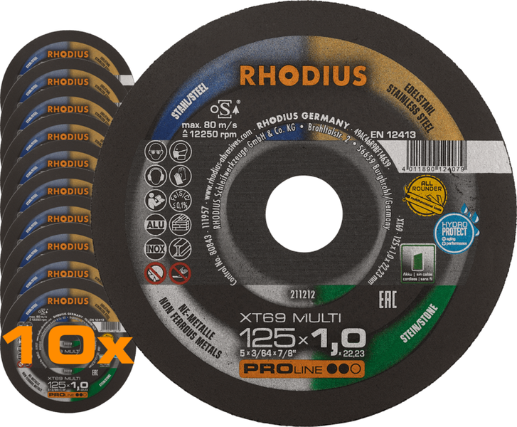 RHODIUS Trennscheibe XT69 MULTI, 10 Stück, 125 x 1,0 x 22,23 mm für Fliesen/Keramik, NE-Metalle, Stein, Stahl, Metall, Edelstahl, PROline