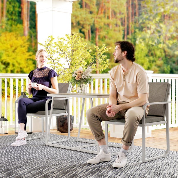Outsunny Sitzgruppe 3-teilig Essgruppe für 2 Personen Esstisch mit 4 Stühlen Sitzkissen Esszimmergruppe mit Glastisch Küchentisch-Set Balkonmöbel Gartenmöbel für Terrasse, Balkon Esszimmer Hellgrau