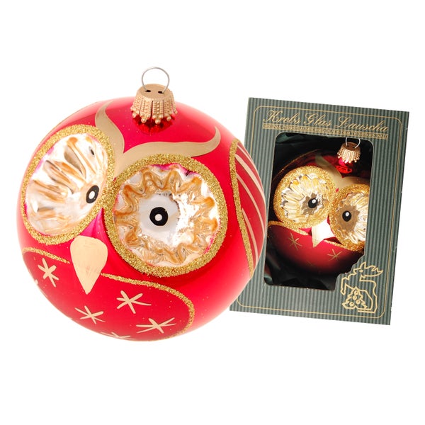 Rot/Gold 8cm freigeblasene Eule, mundgeblasen und handdekoriert, 1 Stck., Weihnachtsbaumkugeln, Christbaumschmuck, Weihnachtsbaumanhänger