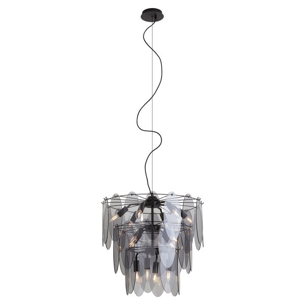 Moderne Hängeleuchte mit runden Glasplättchen und Metallgestell für eine dekorative Raumbeleuchtung.