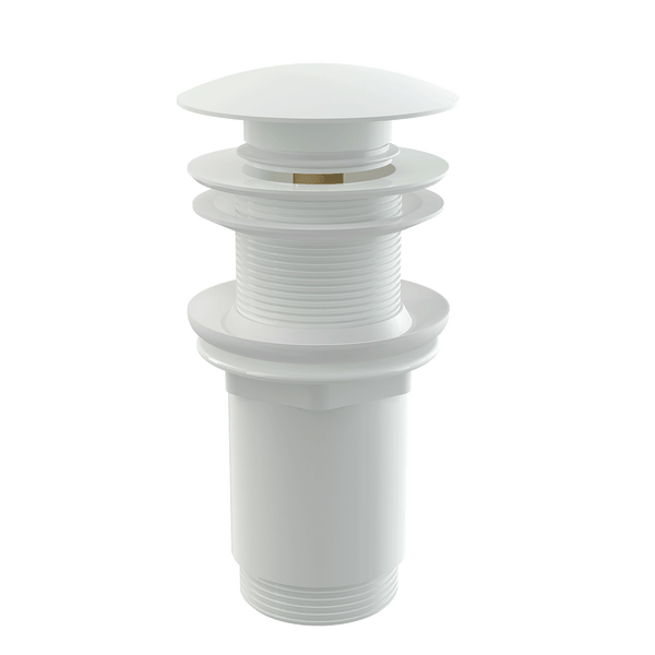 Weißes Pop-up-Ablaufventil für Waschbecken mit Gewindegehäuse und passender weißer Abdeckhaube.
