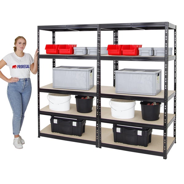 PROREGAL Mega Deal 2x Schwerlastregal Tiger HxBxT 180 x 100 x 60 cm Fachlast 265 kg 5-Ebenen Schwarz
