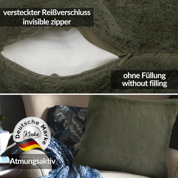 Grüner Kissenbezug aus Kunstfell mit verdecktem Reißverschluss, ohne Füllung, atmungsaktiv, deutsches Markenprodukt auf einem Sessel, Kisska Logo.