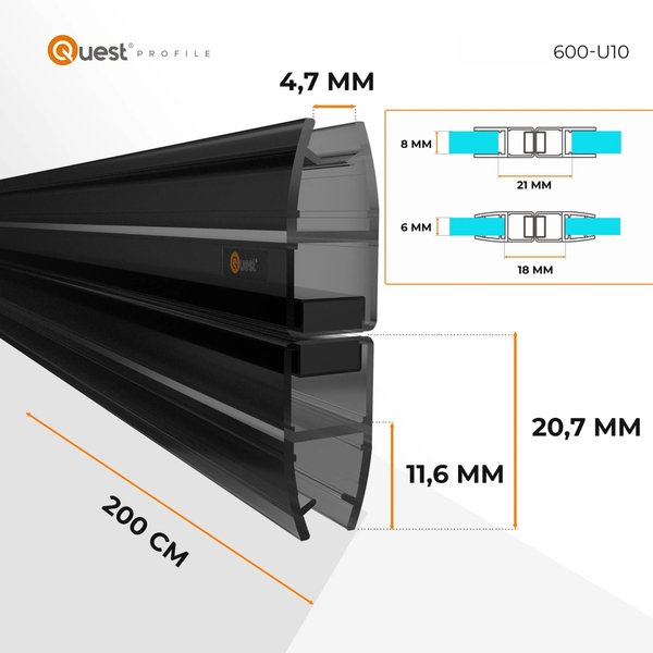 Schwarzes Quest Profile 600-U10, Länge 200 Zentimeter, Gesamthöhe 20,7 Millimeter, Spaltbreite 4,7 Millimeter.