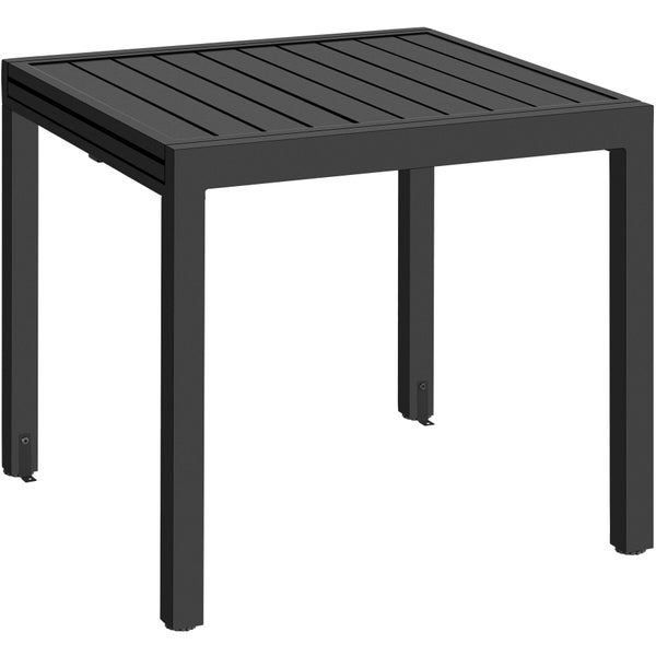 Quadratischer schwarzer Gartentisch aus Aluminium mit Lattendesign für Terrasse und Balkon.