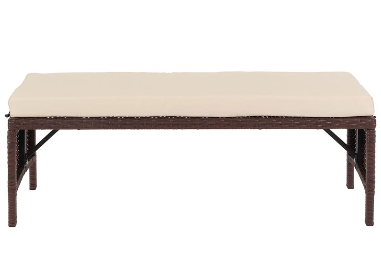 Gartenbank aus Polyrattan mit Sitzkissen, Braun und Beige.
