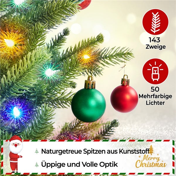 Detailaufnahme eines geschmückten Weihnachtsbaums mit 143 Zweigen und 50 mehrfarbigen Lichtern