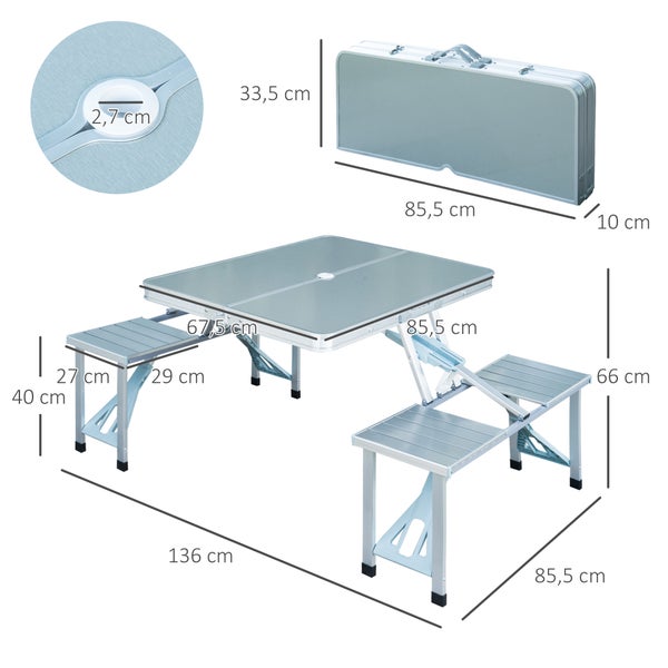 Outsunny Alu Campingtisch, Picknicktisch, mit 4 Sitzen, klappbar, 136 x 85,5 x 66cm, Alu + MDF, Silber