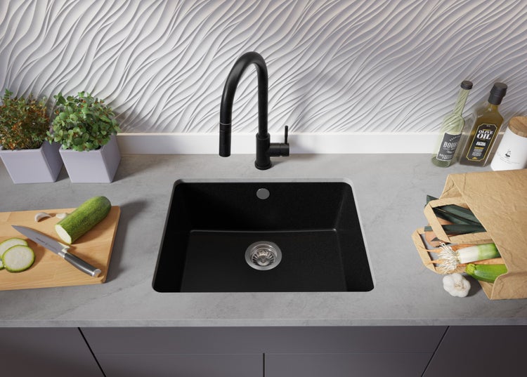 PRIMAGRAN Unterbauspüle Granit Schwarz 56x44cm, Spülbecken 1 Becken + Küchenarmatur 40x20cm + Ablauf-Set, Granitspüle ab 60er Unterschrank - Venedig Easy