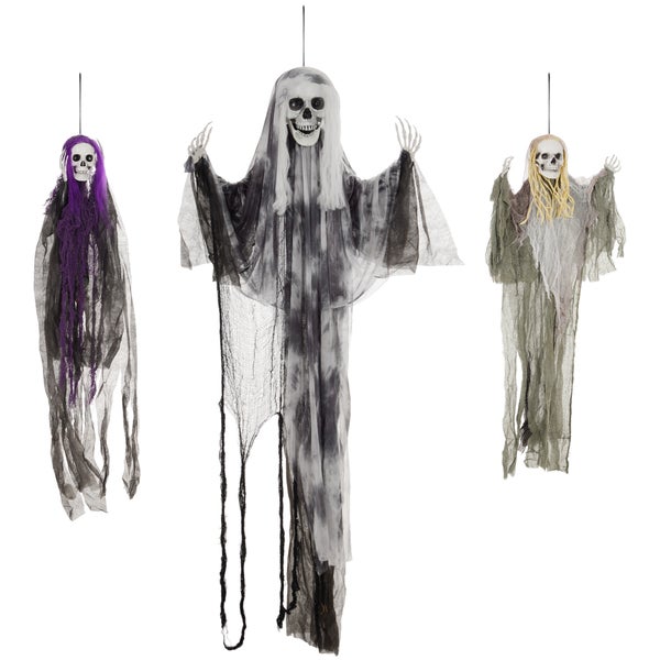 HOMCOM 3er-Set Halloween Dekoration 90/110/200cm Hängendes Skelett mit verstellbare Arme, Haustür Deko, Spukhaus-Requisite in Lebensgröße, für Hof Rasen, Garten, Party