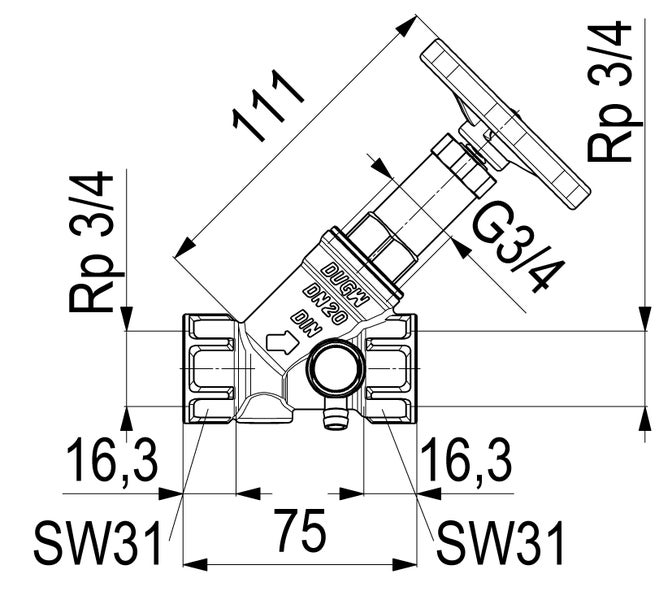 Technische Zeichnung eines Schrägsitzventils DN20 mit Maßangaben in Millimeter, Rp 3/4 Zoll Anschlüssen und Handrad.
