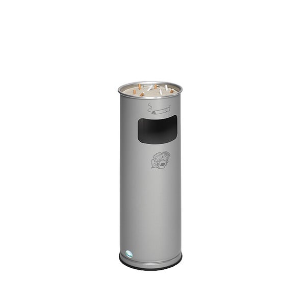 Standaschenbecher mit integriertem Abfalleimer aus Metall, zylindrische Form mit seitlicher Einwurföffnung und Symbolen für Zigaretten und Abfall.