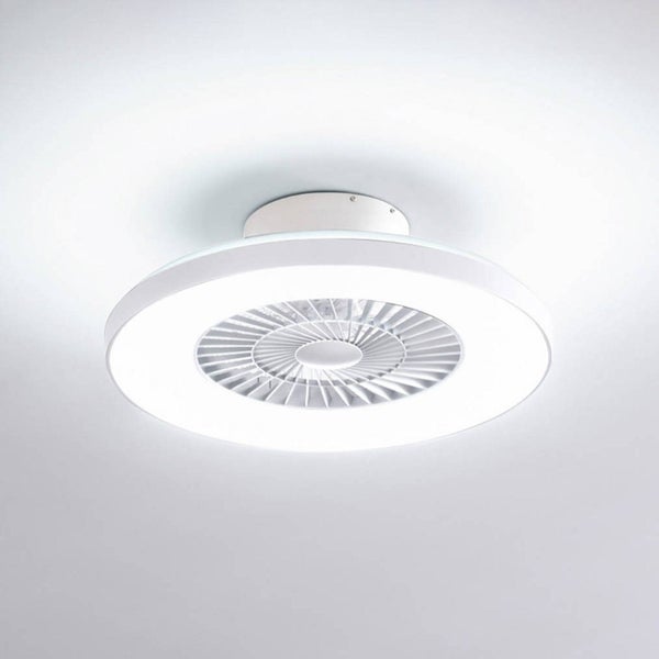 Moderne, weiße LED-Deckenleuchte in Ringform mit integriertem Ventilator in der Mitte.