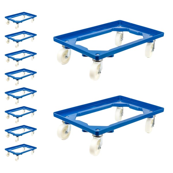 PROREGAL SparSet 10x Transportroller für Euroboxen 60 x 40 cm mit Kunststoffräder Blau Offenes Deck 2 Lenkrollen und 2 Bockrollen Traglast 300 kg
