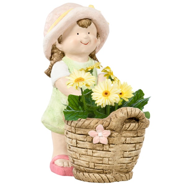 Outsunny Gartenfigur Mädchen mit Blumentopf, Wetterbeständige Gartenstatue, für Heimdekoration, Garten, Hof, 20L x 30B x 40H cm, Magnesium-Oxid, Mehrfarbig