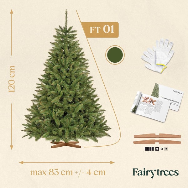 Künstlicher Weihnachtsbaum FairyTrees FT 01 mit 120 Zentimeter Höhe, Ständer, Montageanleitung und Handschuhen.