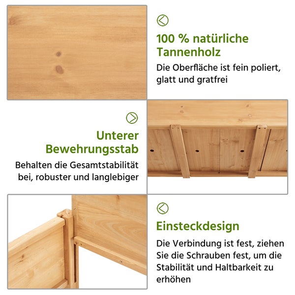 Detailansichten eines Pflanzkastens aus Tannenholz, die die natürliche Holzstruktur, die glatte Oberfläche, den unteren Verstärkungsstab und das Einsteckdesign zeigen.